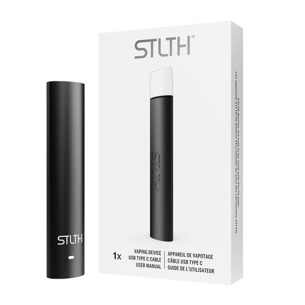 Stlth Device in Black Metal, 470mAh rechargeable battery, Type-C charging, and minimalist design.