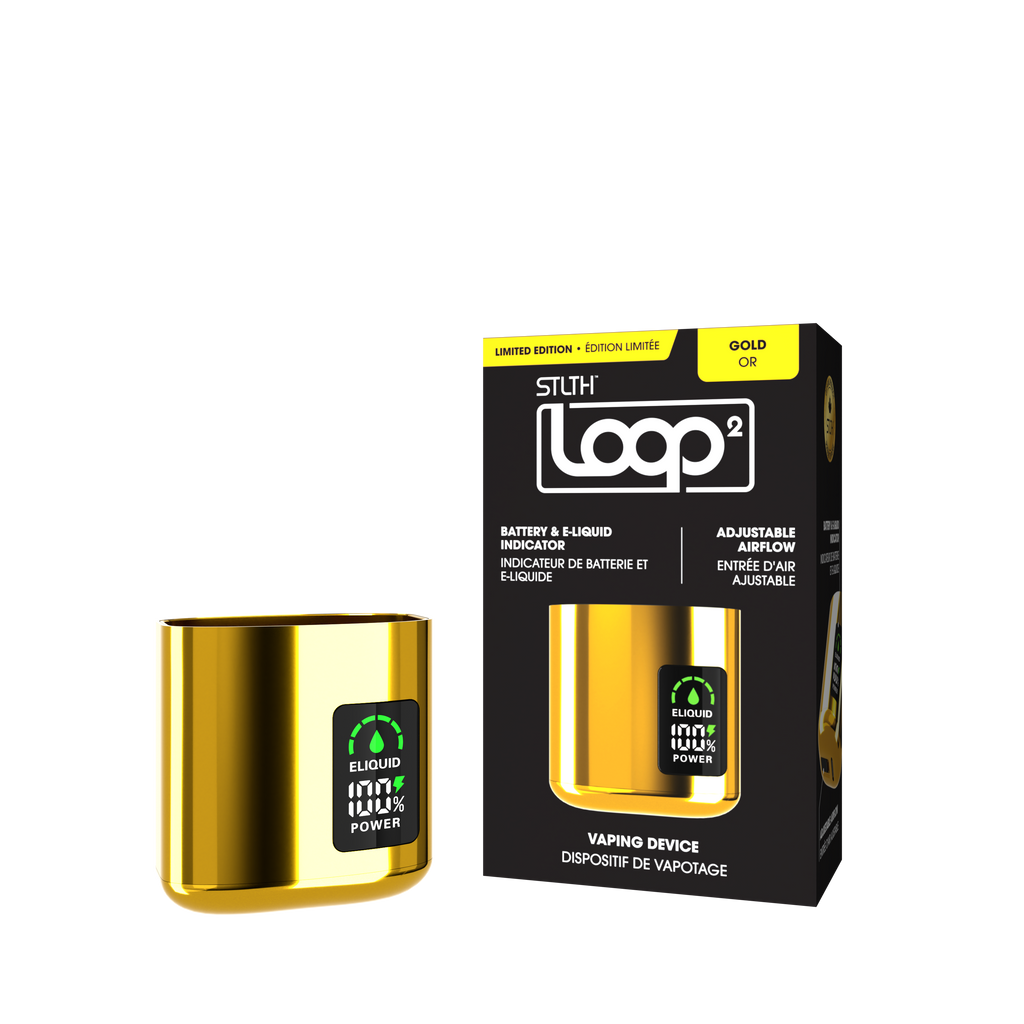Stlth Loop 2 Device in Gold, equipped with 850mAh battery and e-liquid level indicator.