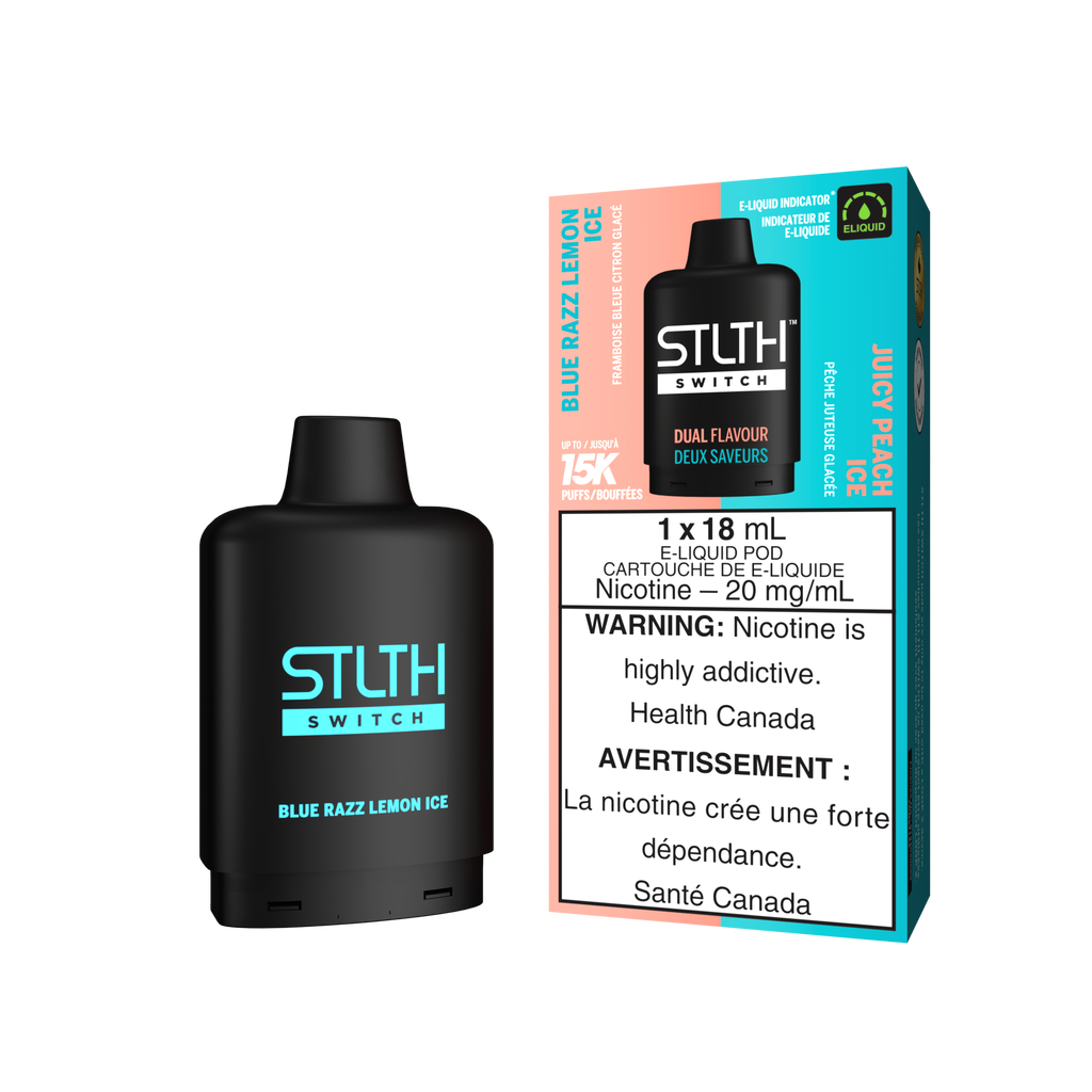 Stlth Loop Switch Pods Blue Razz Lemon Ice and Juicy Peach Ice, dual fruity flavors with a cooling finish.