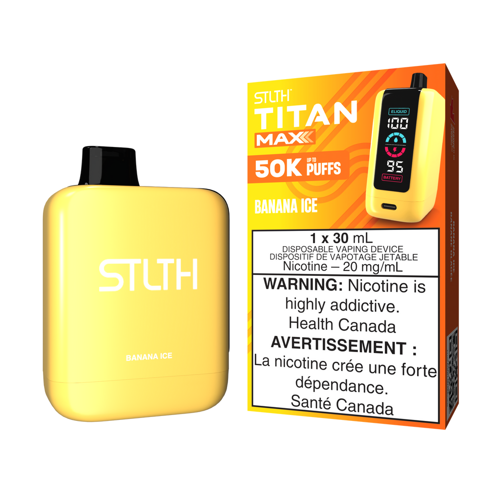 Stlth Titan Max Banana Ice, smooth and creamy banana flavor with a frosty menthol twist.