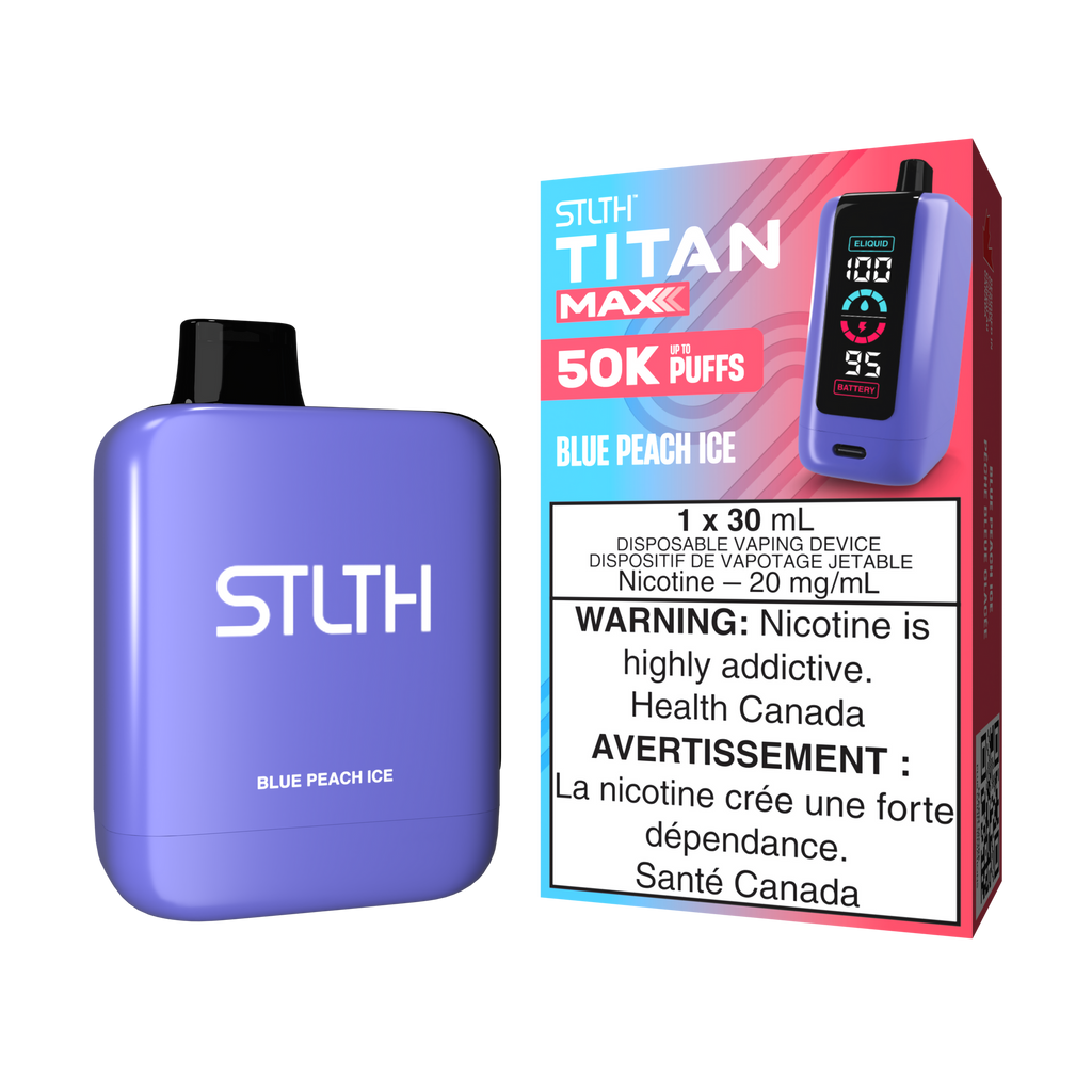 Stlth Titan Max Blue Peach Ice, a sweet peach and berry blend with a cool exhale.